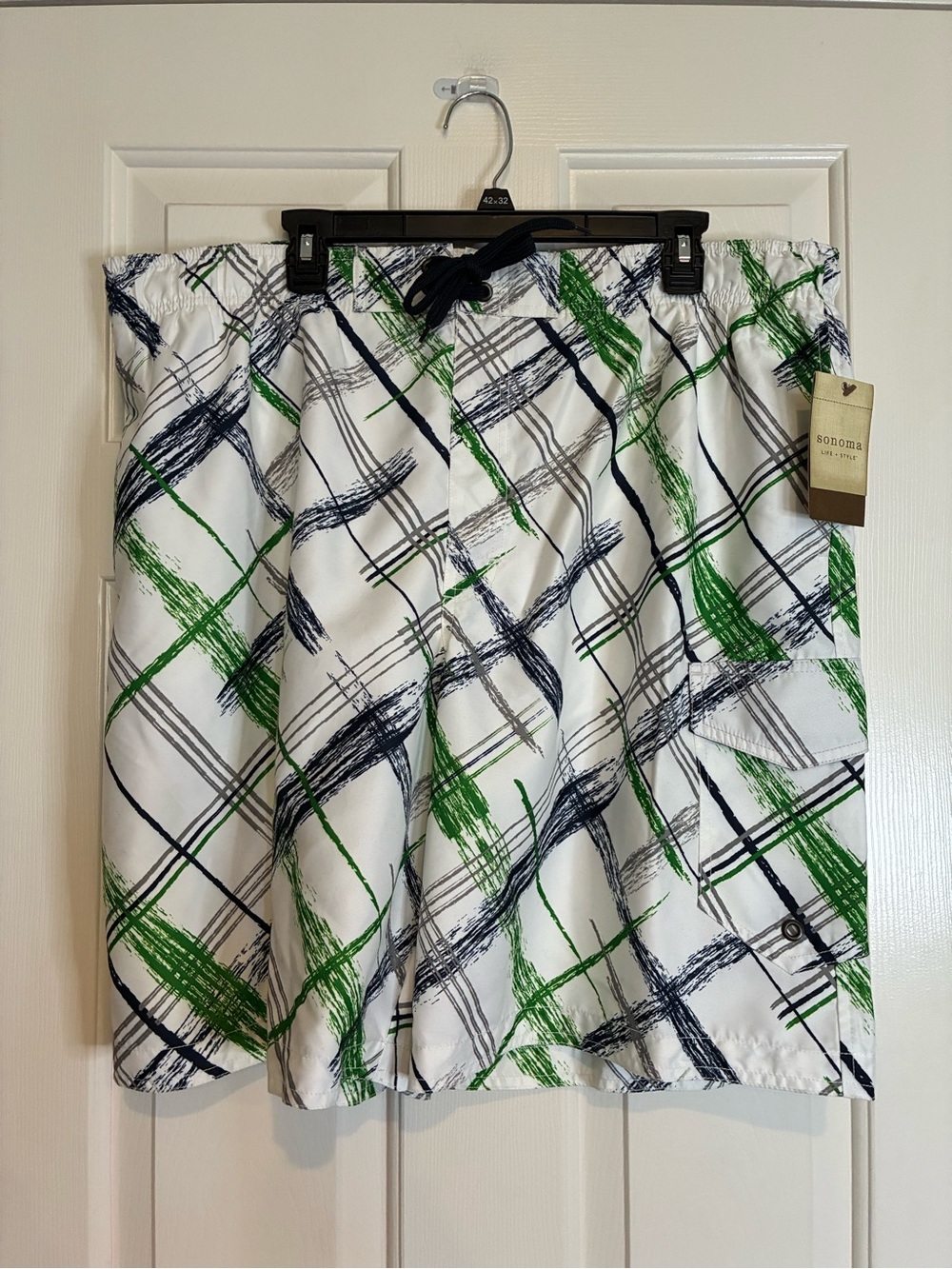 Sonoma White Board Shorts with Green & Navy Brush Plaid